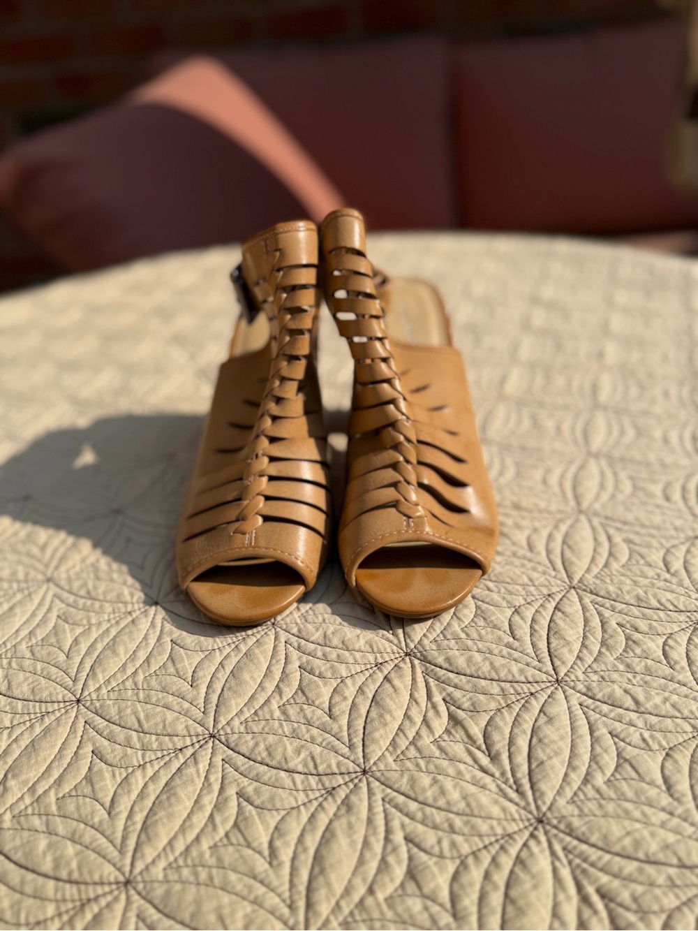 Chinese Laundry Torey Tan Leather Slingback Gladiator Block Heels